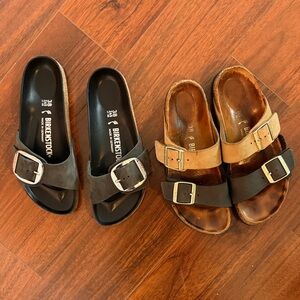 Two pair Birkenstock Black and Tan Slide Sandals & one strap 38